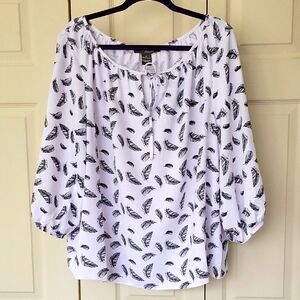 Feather Print White Peasant Blouse